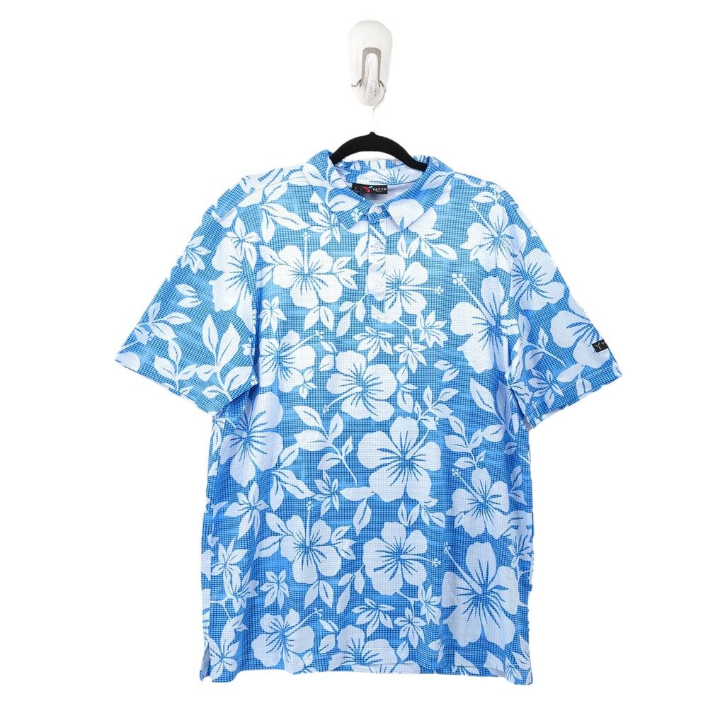 YATTA GOLF Men L Polo Shirt Blue Stretch Grid Plaid Floral Hawaiian Kahakai Polu